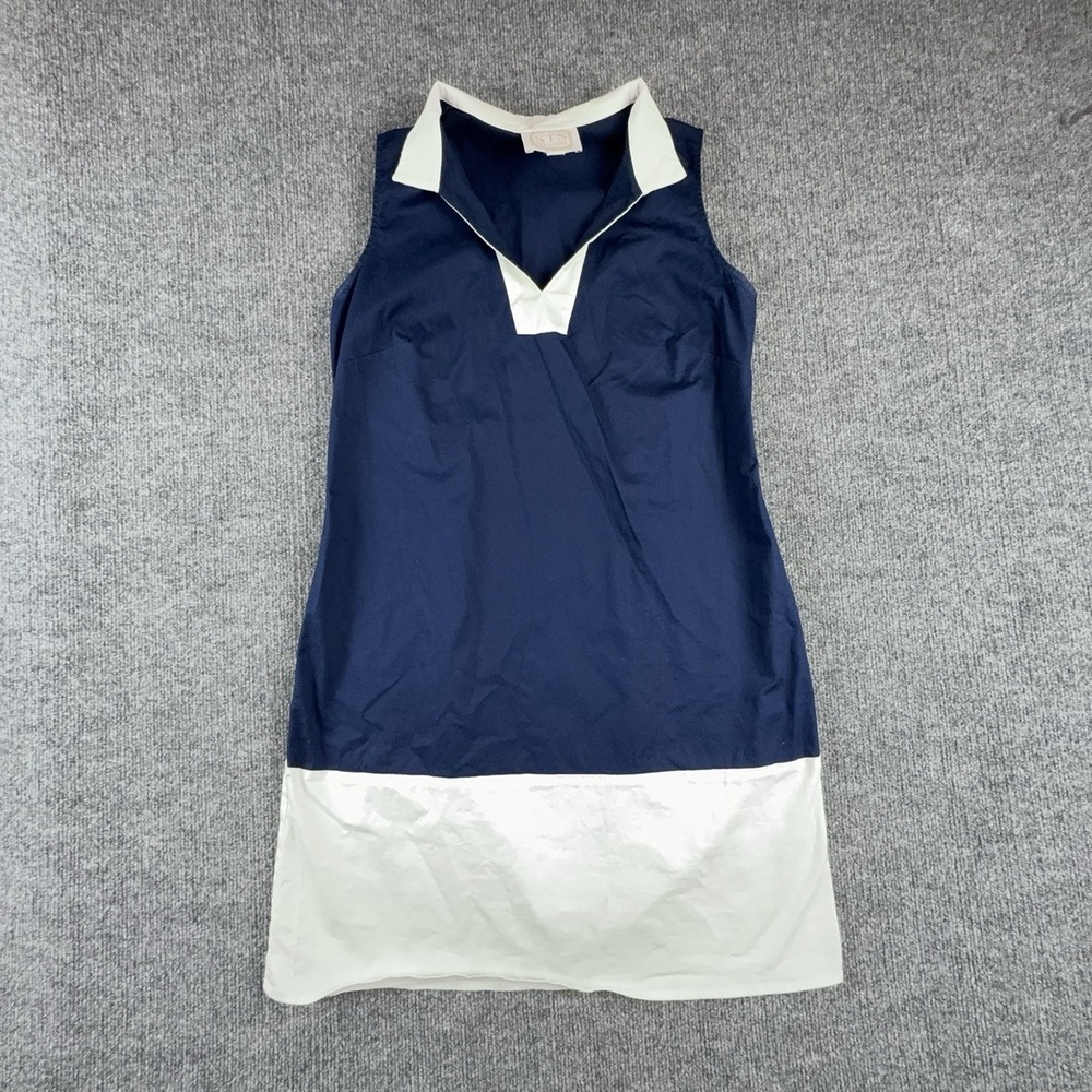 Sail To Sable Womens Medium Navy Blue Colorblock Collared Shift Dress Sleeveless